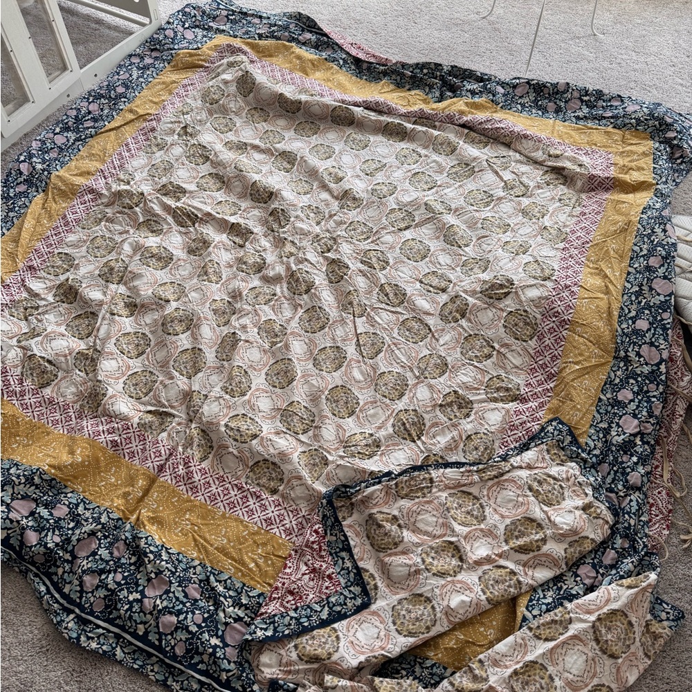 Anthropologie Floral Patchwork Duvet Cover in Gold and Blue